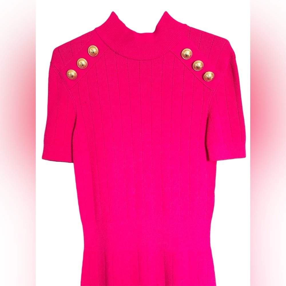 Balmain Bright Pink Knit Mini Sweater Dress with Gold Zipper and Button Sz 2